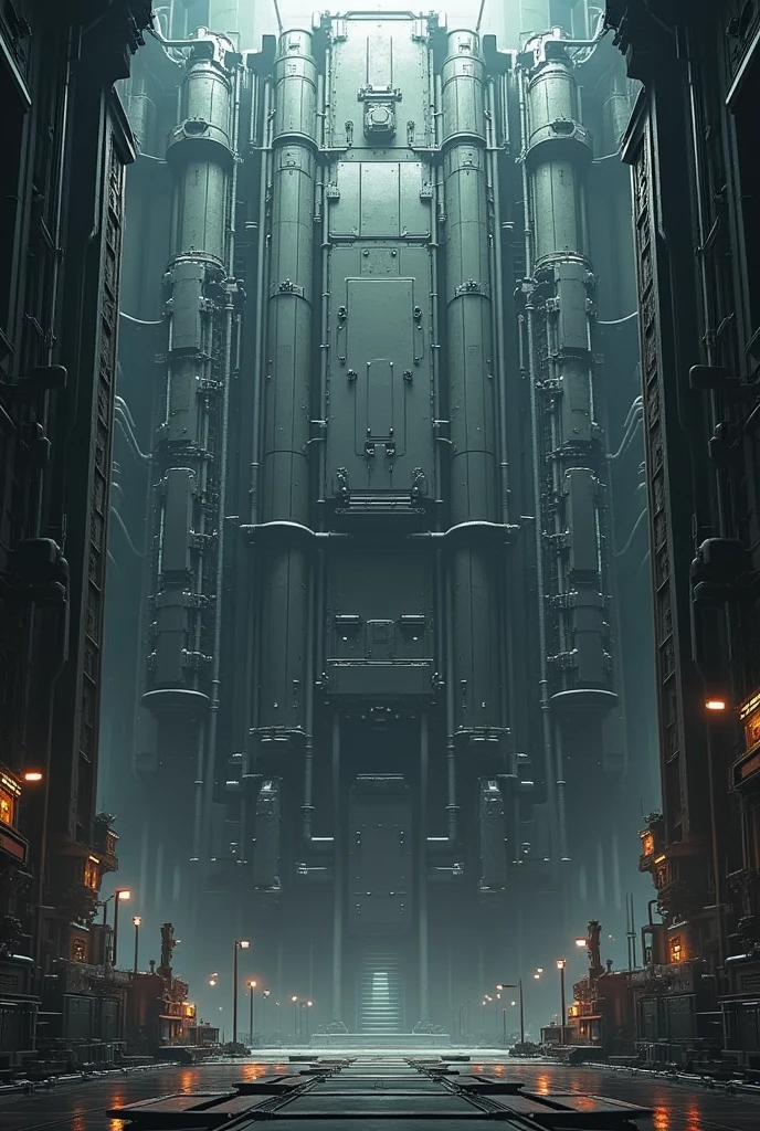 Make me a two dimention picture of a giant robot hangar wall With advanced machines without giant robots