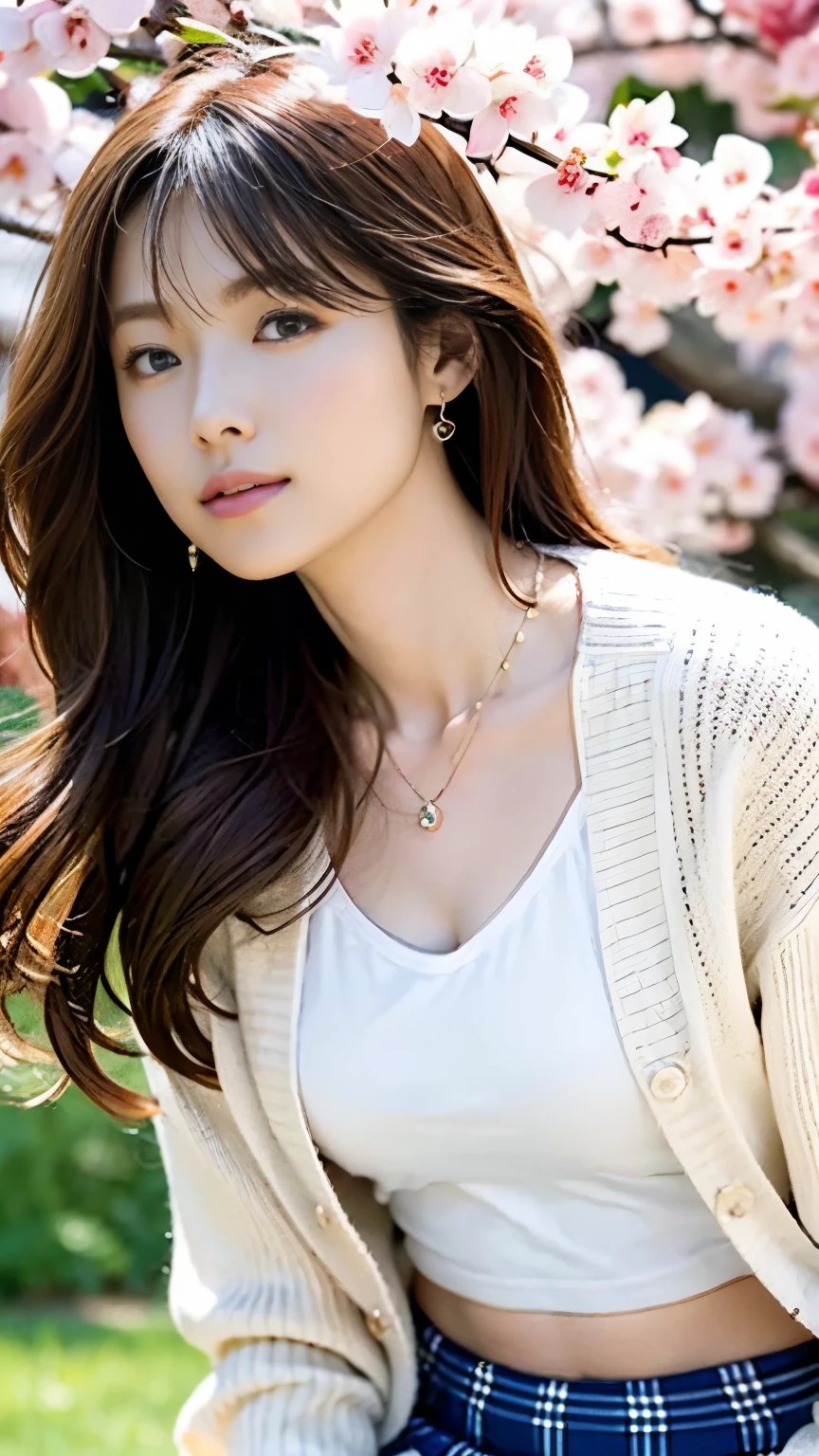 Flawless Anatomy,Image of a beautiful girl who came to see cherry blossoms in full bloom,nice earrings and necklace,front angle photo ,She wears a long-sleeved blouse, a cardigan, and a long plaid skirt.,Angle of view looking up from below under a cherry tree,realistic,Flawless,best image quality,professional angle of view,excellent details,ultra high resolution,realistic:1.4),high detail,focus on details,High concentration of 1girls,long hair of beautiful chestnut color,,Beautiful face with a delicate and high nose,Long limbs and slim waist like a model,White sneakers look great on your beautiful ankles,white skin is dazzling,