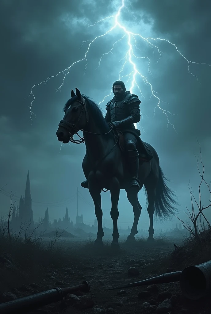 guerrier a cheval; ambiance sombre, tenebre , orage et il fait nuit noire, champs de bataille