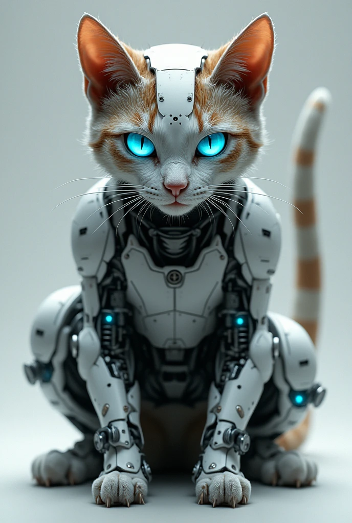 Picture a scene with a futuristic cyborg cat。While the cat's appearance is realistic,、Parts of your body have been replaced with advanced mechanical structures.。The mechanical parts are firmly integrated into the cat's body.、Back and legs、Precision mechanical parts and wiring can be seen on the tail.。The cat's eyes are bright blue、He has a sharp gaze。The background is simple、Creating a futuristic atmosphere、It emphasizes the coolness and mystery of the cyborg cat.。」