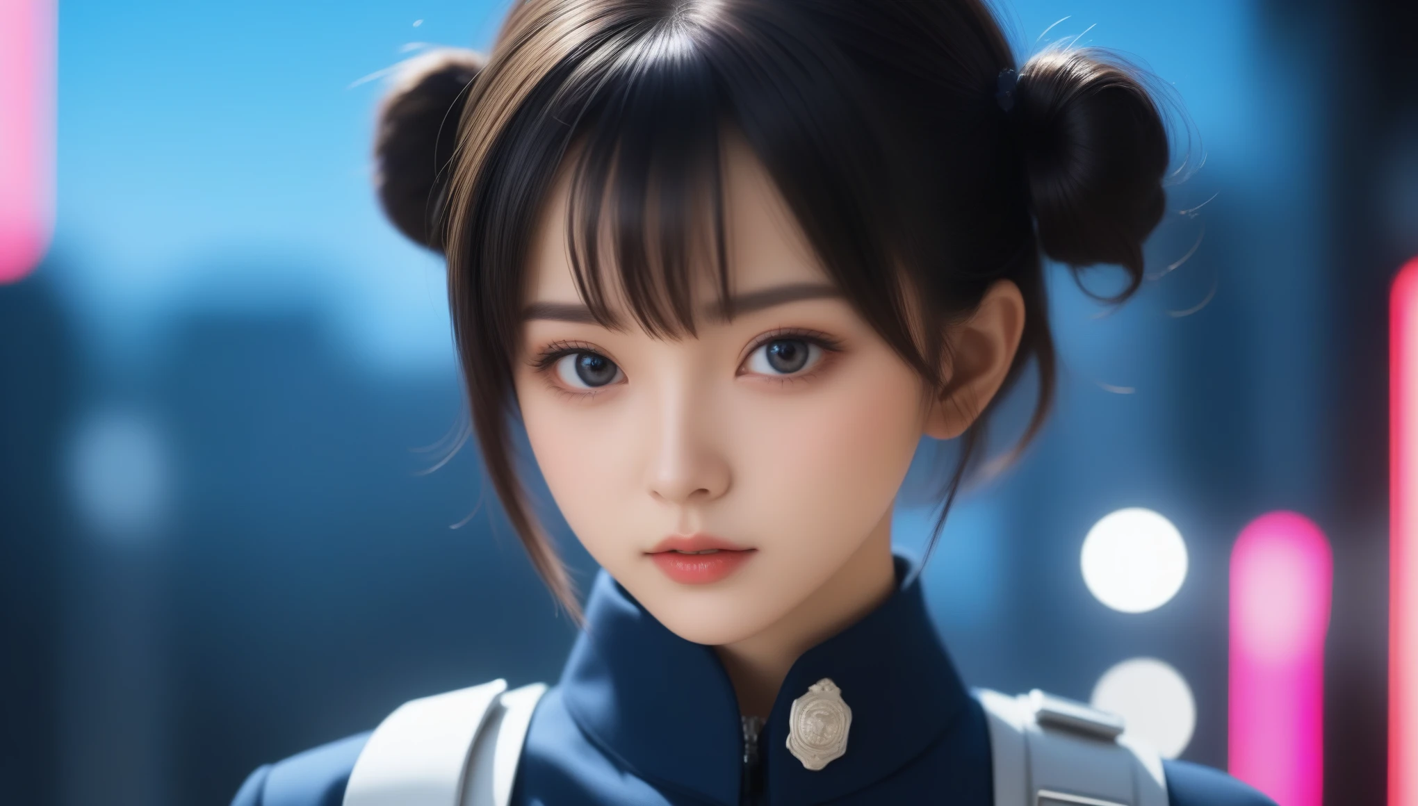 8k, Ultra-high resolution, Highest quality, masterpiece, 三分割法によるphotograph,Surreal, photograph, 1 , (:1.3), cute, cute顔, 細部までBeautiful Eyes, 細かくdetailedに,masterpiece,One Girl:1.2,Japanese women,Policewoman,upper body,glaring,Black short hair,Space buns,ID photo,(Police officer of the future:1.3),cyber punk,Future City,white collar,((Fusion of humans and androids)),((Fusion of humans and androids))(Beautiful attention to detail),Subtle details, detailedな顔,anger,Attractive eyes,(ポートレートphotograph:1.4),(Photorealistic images:1.4),Fantasy art,(Beautiful Face:1.4),美しくAttractive eyes、Beautiful Eyes,Silver residue,(Tight waist:1.4)、(Beautiful with perfect body proportions:1.4),Pink Lips,profile,(((Ideal body type))),A-cup small breasts :2,、Portraiture:2、Perfect Anatomy、鮮明なdetailed、detailed,Fashion magazine cover,Thin lips,完璧でBeautiful Face ,完璧でcute顔, Skin with attention to detail, Perfect limbs、Narrow waist,Surreal,Light and shadow,spotlight
