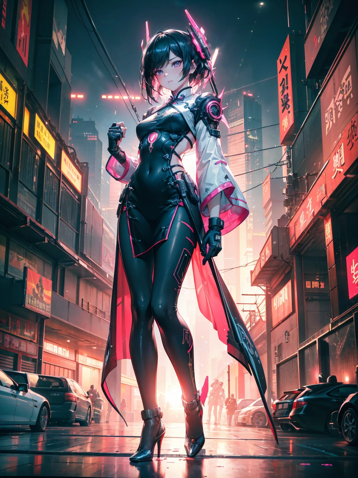 (best quality,4K,height,Masterpiece:1.2),Very detailed,(realistic:1.37), Black Haired Girl,Double boxing,Flat chest,Bright, pinkish white skin,Close the flow,perfect body,black cheongsam,Bare legs,high-heels,stand,Night City, China, China Road, sky sky, Cyberpunk personification, Paper lanterns, Superb neon resolution,(realism:1.3),1(thin:1.2),Stunning light,lively details,Elegant cyberpunk,complex background,Displayed with octane value,Cinematic edge lighting, Fine light, Masterpiece, Superb details, An epic work, Ultra high resolution, High quality