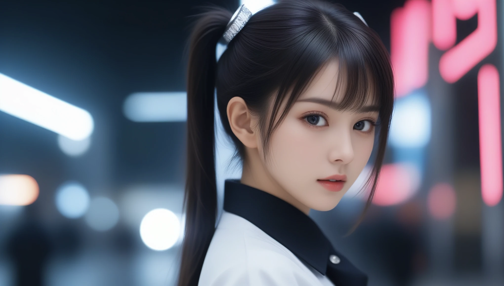 8k, Ultra-high resolution, Highest quality, masterpiece, 三分割法によるphotograph,Surreal, photograph, 1 , (:1.3), cute, cute顔, 細部までBeautiful Eyes, 細かくdetailedに,masterpiece,One Girl:1.2,Japanese women,Policewoman,upper body,glaring,Black short hair,Space buns,ID photo,(Police officer of the future:1.3),cyber punk,Future City,white collar,((Fusion of humans and androids)),((Fusion of humans and androids))(Beautiful attention to detail),Subtle details, detailedな顔,anger,Attractive eyes,(ポートレートphotograph:1.4),(Photorealistic images:1.4),Fantasy art,(Beautiful Face:1.4),美しくAttractive eyes、Beautiful Eyes,Silver residue,(Tight waist:1.4)、(Beautiful with perfect body proportions:1.4),Pink Lips,profile,(((Ideal body type))),A-cup small breasts :2,、Portraiture:2、Perfect Anatomy、鮮明なdetailed、detailed,Fashion magazine cover,Thin lips,完璧でBeautiful Face ,完璧でcute顔, Skin with attention to detail, Perfect limbs、Narrow waist,Surreal,Light and shadow,spotlight