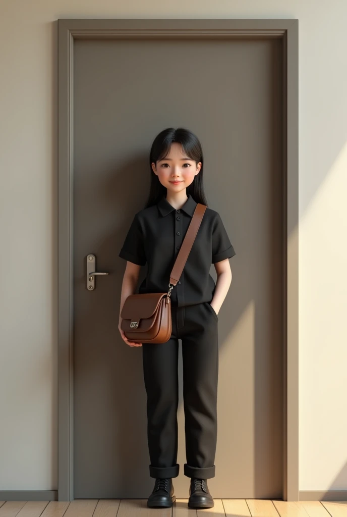 A girl standing in front a door close .She wearing black shirt and black long pants.she wearing tiny brown sling bag.smile on camera but can't see tooth.She has a long hair.3D