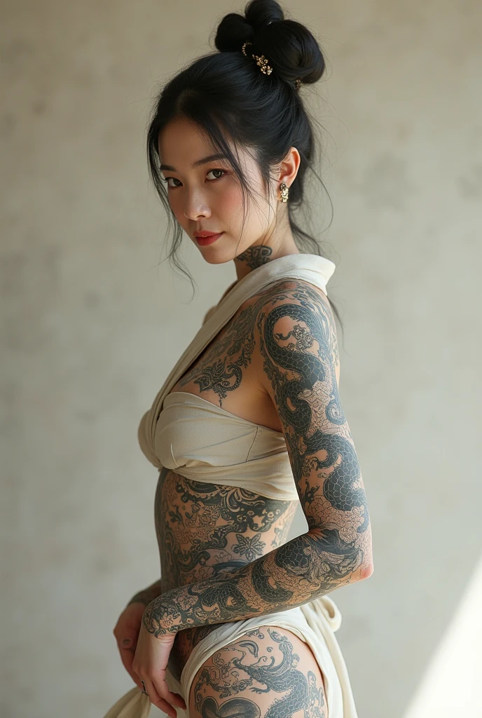 ((Whole body))、There are a neat mature Japanese women with tattoos on their backs, A shy smile,,tattoos inspired by Ukiyo-e, Utamaro Kitagawa, Nobuyoshi Araki, Riyoko Ikeda, Maya Takamura, geisha tattoos, rising dragons on the body、(((Various poses,)))