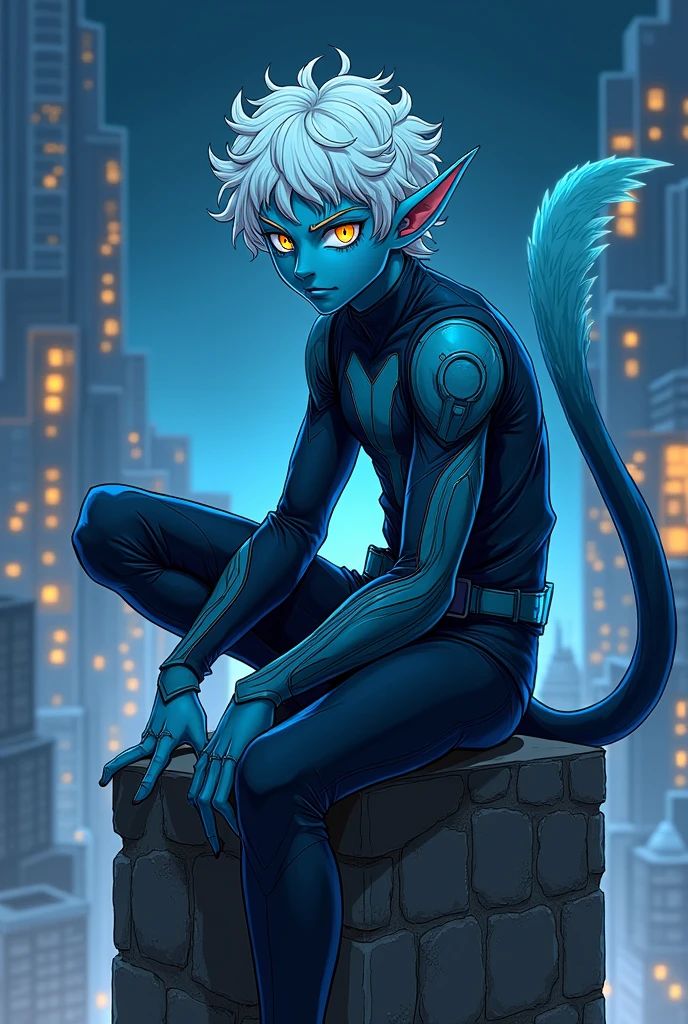 A male ager. He has completely cyan skin. His hair is curly white. His eyes are yellow. His ears are pointy. He has a large pointy tail. He is wearing a costume that mixes the Beast Boy costume with the Nightcrawler costume. He is on top of a building at night. The image must be in anime.