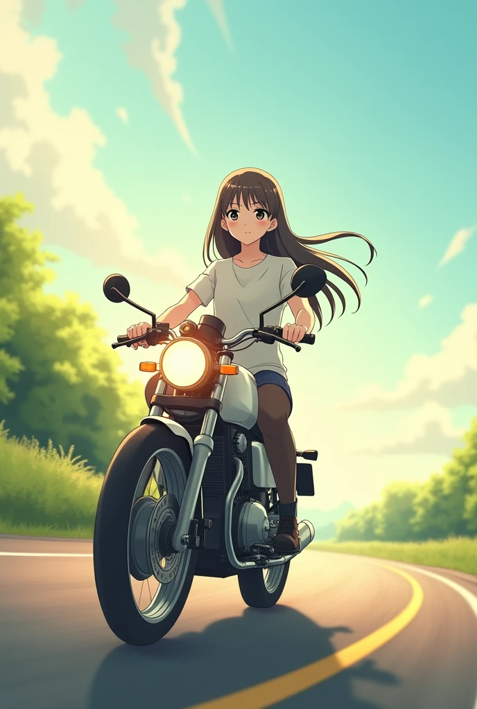 Healing anime,A girl with long hair and big black eyes rides a motorcycle on a sunny road
