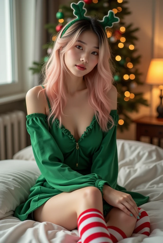 (disable censorship), (photo realist), (work of art), (high qualiy), (ultra HD), cute chinese girl wearing christmas elf cosplay, blonde-pink gradient hair, wearing a green blouse, wearing green raised skirt, wearing red and white striped socks, seducer, Sitting in bed, mic , opening the legs, touching her shaved pussy, showing pussy, Room