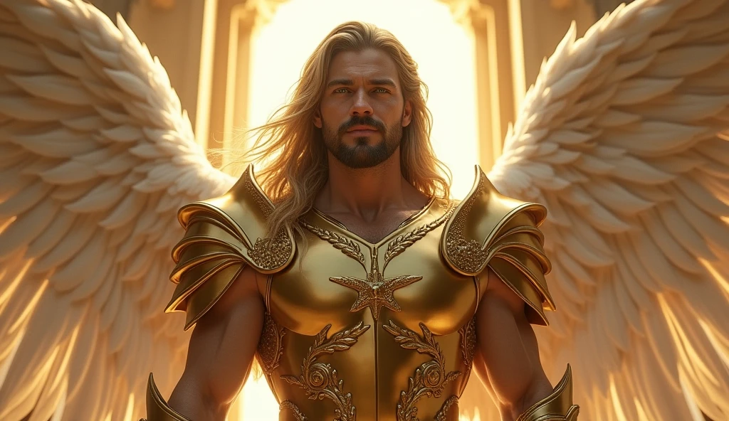 beautiful male angel with green eyes facing forward with huge wings looking forward, in the background the entrance to heaven, long straight hair with beard, with golden armor, Grinning