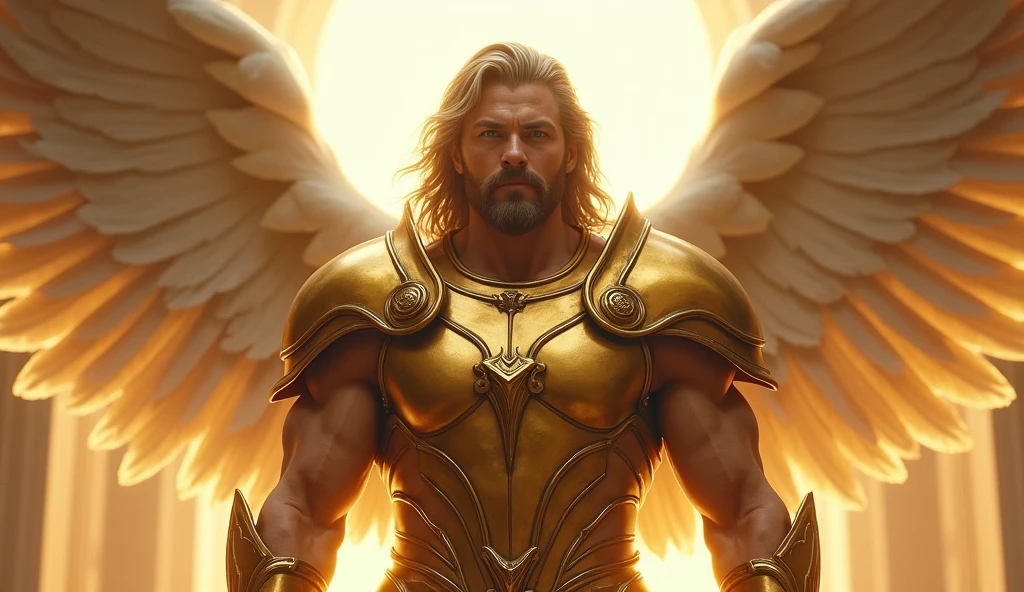 beautiful male angel with green eyes facing forward with huge wings looking forward, in the background the entrance to heaven, long straight hair with beard, with golden armor, Grinning