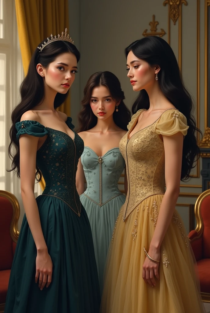 Create a REALISTIC image of a scene from Cinderella, with the well-groomed sisters, one with black hair and the other with brunette hair, one with a pink and purple dress with Cinderella in the middle behind with a sad expression CREATE REALISTICLY