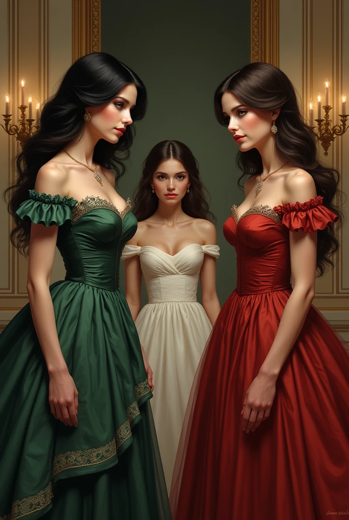 Create a REALISTIC image of a scene from Cinderella, with the well-groomed sisters, one with black hair and the other with brunette hair, one with a pink and purple dress with Cinderella in the middle behind with a sad expression CREATE REALISTICLY
