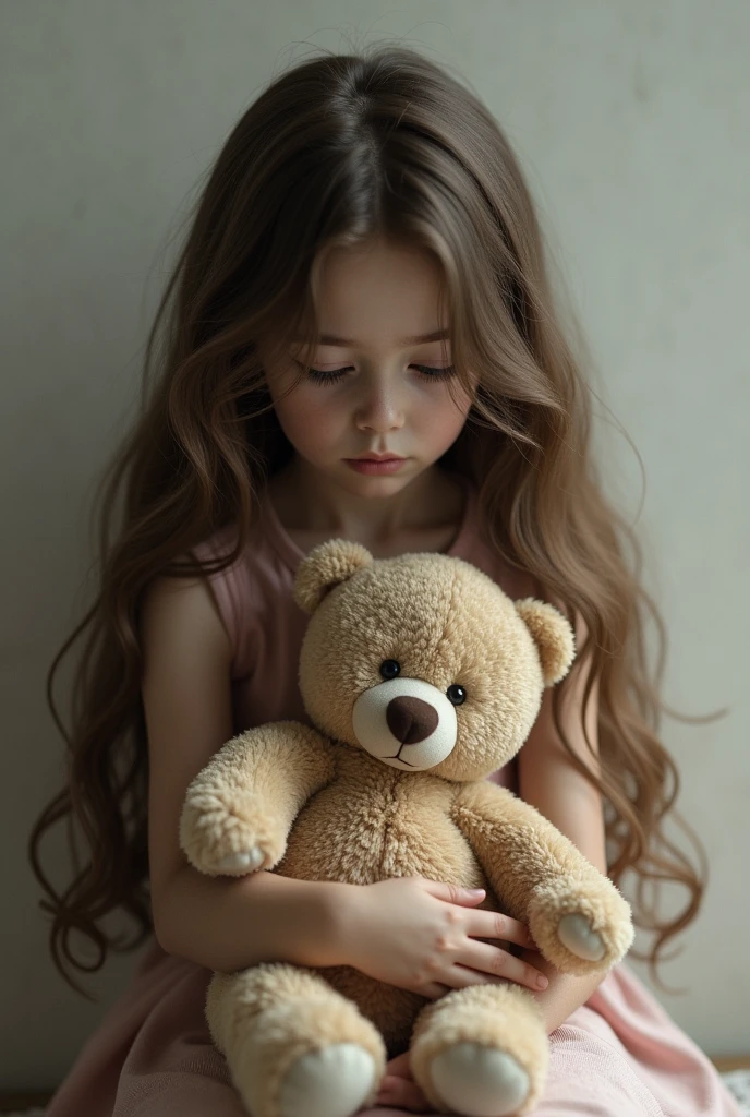 brown hair with a bear doll in hand sad. Image 3d