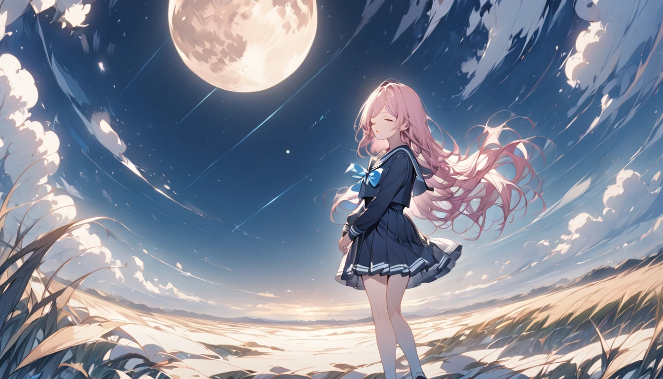One Girl、Pink Hair、Long Hair、Black Sailor Suit、Sailor uniform with blue ribbon、Eyes closed、Standing on desolate land、The background is a starry sky、A very large moon peeking over the horizon