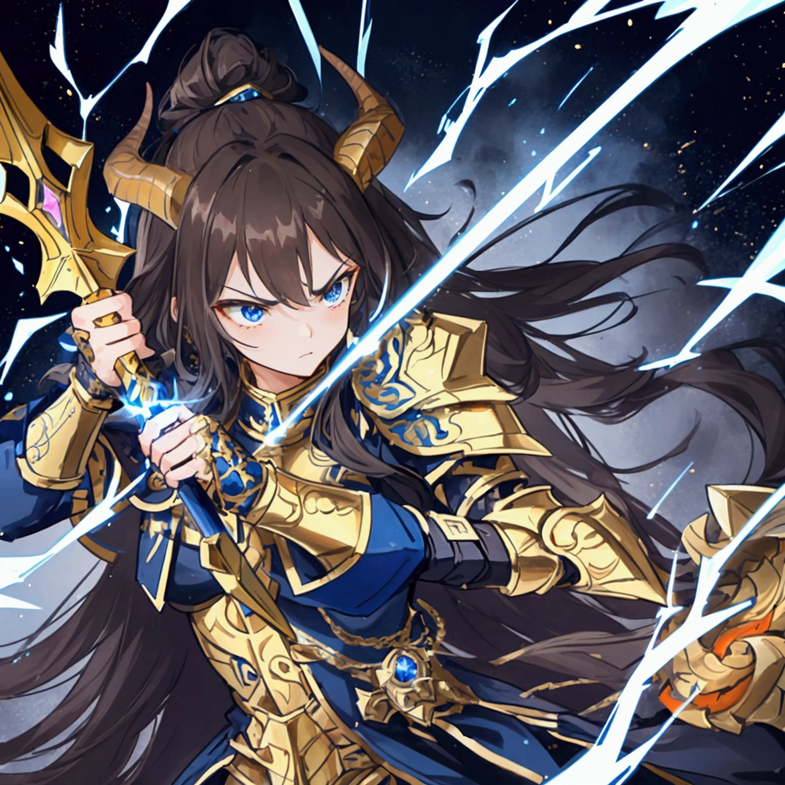 1girl, A warrior clad in gleaming dark blue armor with gold accents. His helmet, sharp and elegant with upward-curving horns, adds a dominant presence. His long brown hair flows behind him, symbolizing speed and strength. His face is serious and focused, reflecting strong determination in battle.
His right arm is protected by a large, ornate gauntlet matching his armor, offering maximum protection. In the same hand, he wields a large weapon resembling a spear or halberd, its tip glowing with orange energy, indicating magical power.