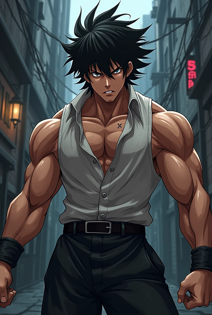  brand and black hair mix anime delinquent boy Powerful handsome man with fighting muscles