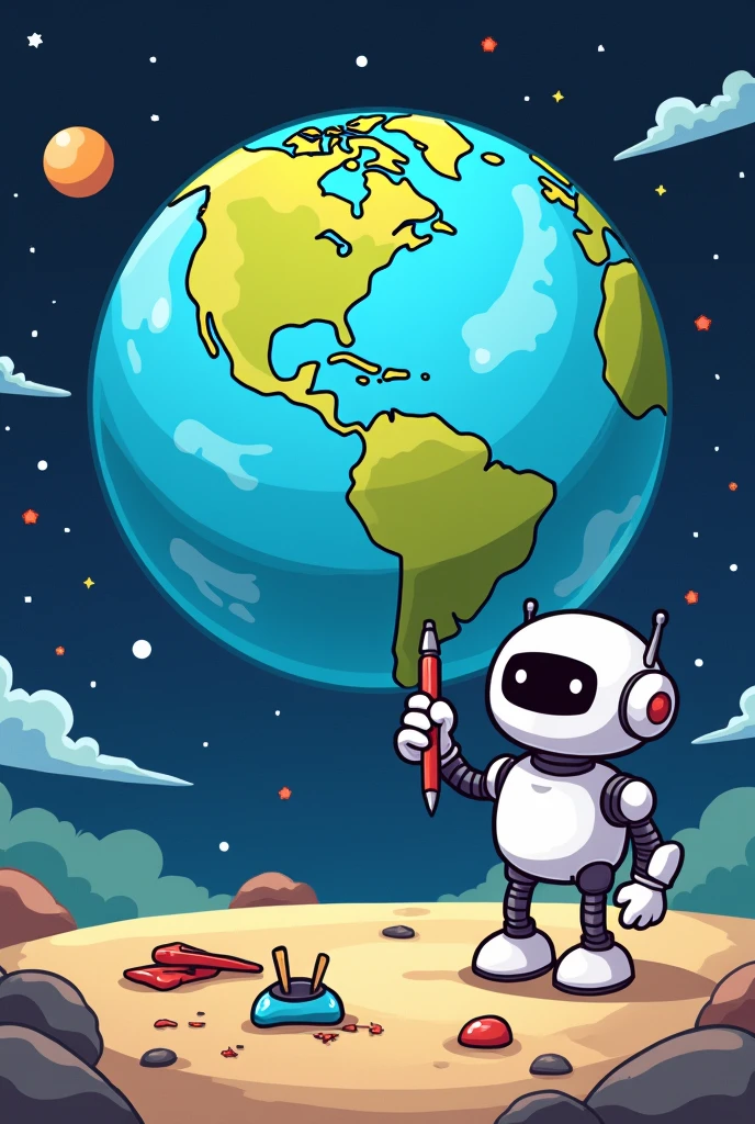 Generate a drawing of a planet Earth with the help of an easy-to-draw amine-type drawing robot