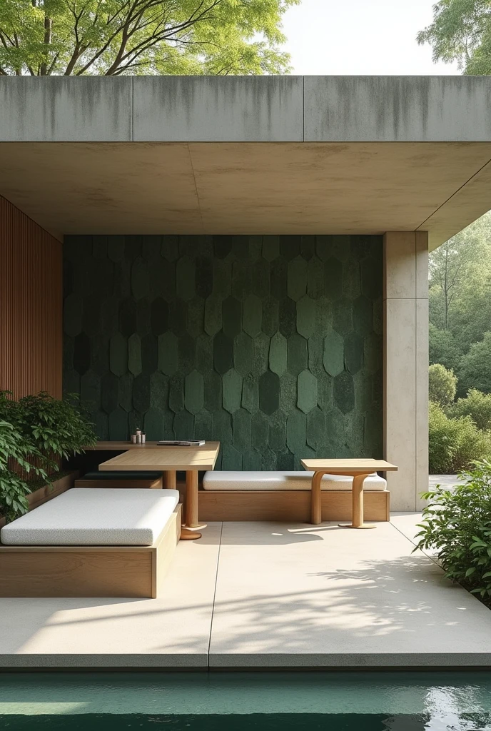 Create an image of an outdoor study area with concrete tables, containing a covered area with concrete shelves on walls, concrete sofas with mattresses, green slates
