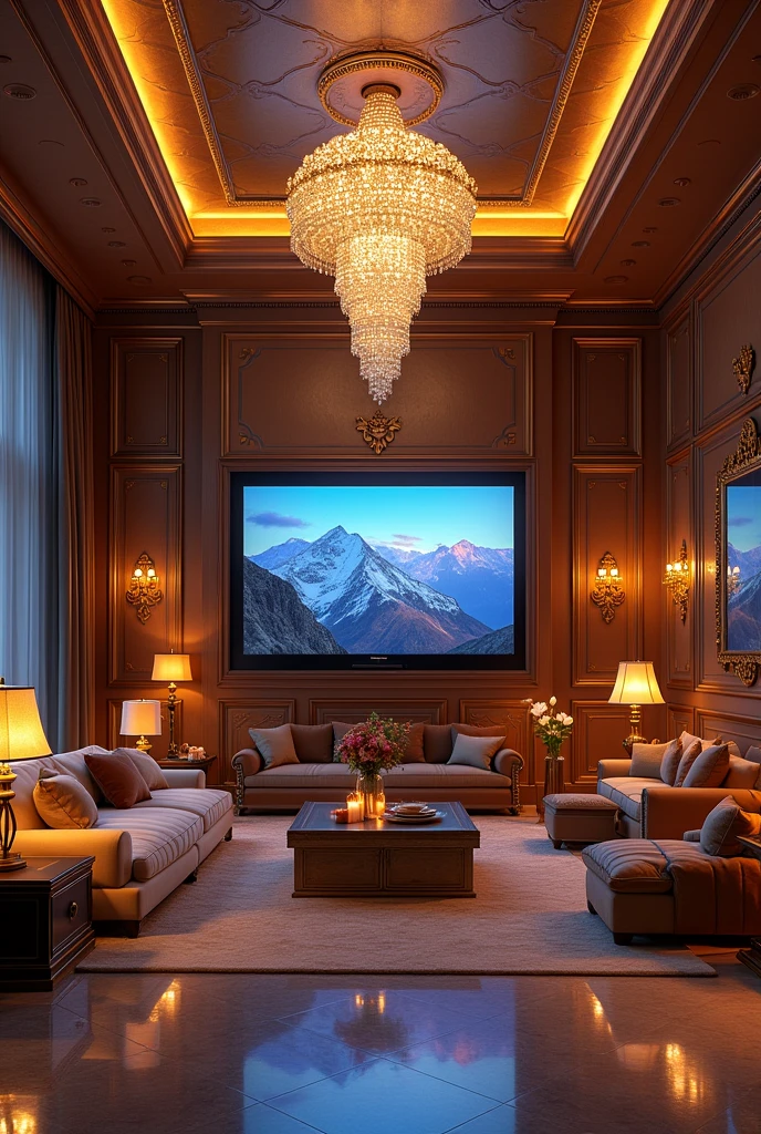 Beautiful luxury home with so many lights and beautiful very big room having big television and big frame