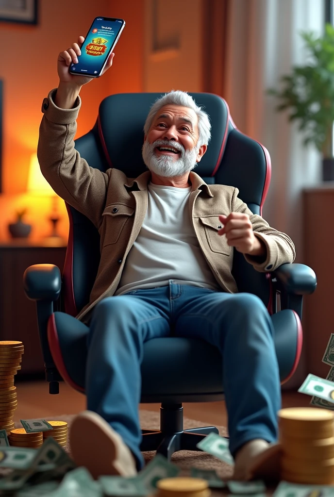 Man sitting in a gaming chair happy to have won the fortune tiger game showing the game screen on his cell phone and a lot of money around him