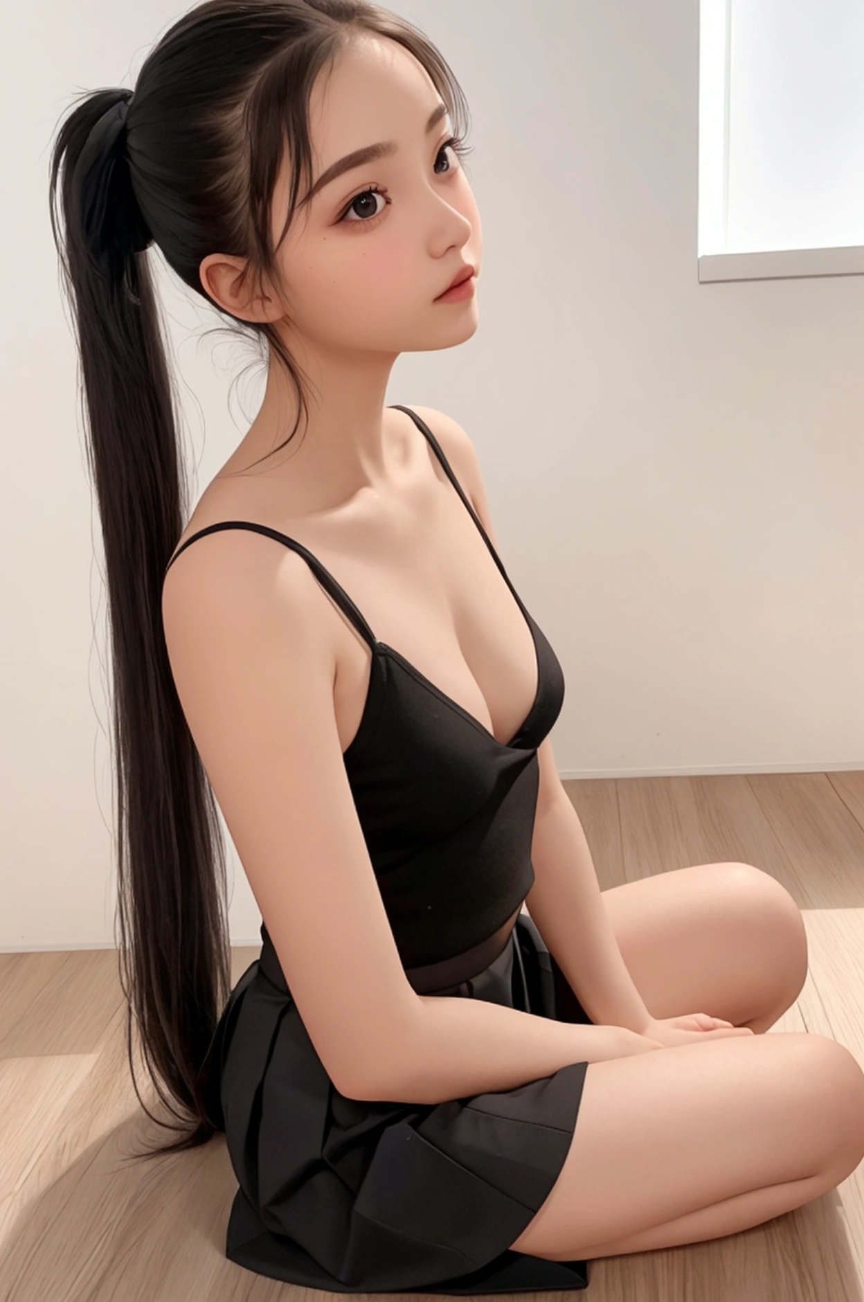 Cute 1 girl, god, Short Girl, A slim body, Small boobs, Small breast, Small booty show, ultra mini skirt, detailed face, beautiful eyes, long eyelashes, cute expression, Minimalist interior, dark-toned interior,  photorealistic, 4K, high quality,  hairstyle two ponytails, Short skirt, sitting on the floor,  front view, full body 