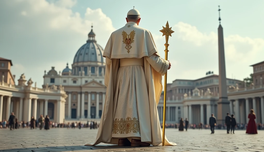 The camera is on the ground and the focal point of the image is the back view of Pope's wearing a laceless, rustic brown, high-top leather boots, typical of field workers. The Pope wears a white tunic decorated with papal insignia, a cloak and a long golden papal scepter with a cross on the top next to him . The background is a panoramic view of St. Peter's Square in the Vatican, crowded with tourists. The scene captures the moment of religious significance and the historical and artistic richness of St. Peter's Square. Ultrarealistic Ultrarealistic photo, 16k, ultra high resolution, photorealistic, Ultra HD.