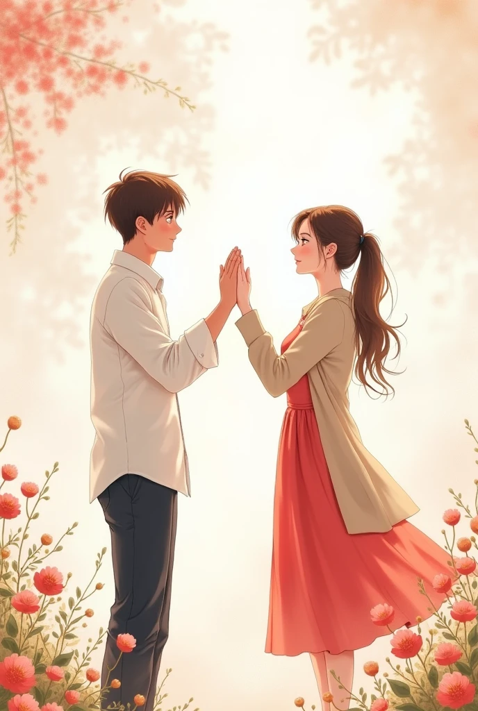 Create a watercolor illustration featuring a young man and woman standing at a distance, facing each other, and touching one hand of each other kinda high-fiving(dancing position). The young man has short dark hair and is wearing a white shirt and dark pants, while the young woman has long hair tied in a ponytail, wearing a red dress and a light-colored cardigan. The background should have a soft, dreamy atmosphere with light, pastel colors, resembling a sunny day. Add subtle nature elements like flowers or leaves to enhance the whimsical feel