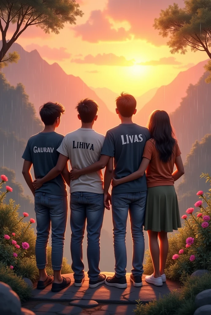 Imagine A group of 4 friends. Three boys and one girl friends group. Boys are wearing different types of premium sirf , jeans and shoes . In men's costume "Gaurav", "Likhil" and "livas" written on there sirts and in girl sirt "Saima" written on it . Those are bestest friends and they are watching sunset with holding hands they are in the mountain . With slow rain and they are shining and in nature many types of flowers and trees.