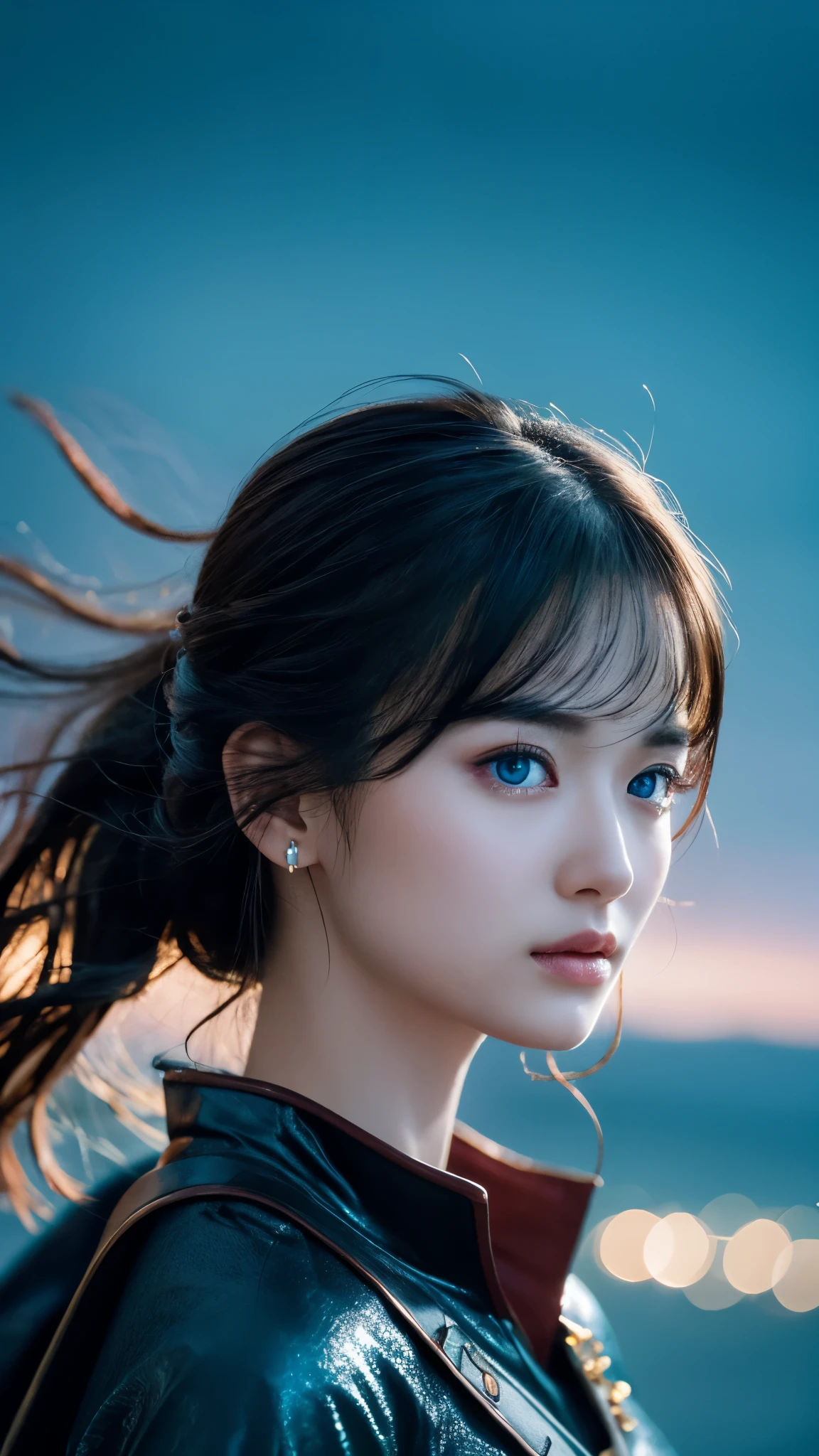 High resolution画像,Young and beautiful woman、Boat Solo、Heroic Cape、、Highest quality、4K、High resolution、Sea of stars、romantic、small、Sharp focus、Very detailed、landscape、idealism、Large sword、evening、High Contrast、Dreamy atmosphere、Realistic、Black Hair、Piercing blue eyes、Stoic expression、device、Far away、Bokeh、Dramatically lit、Fascinating。