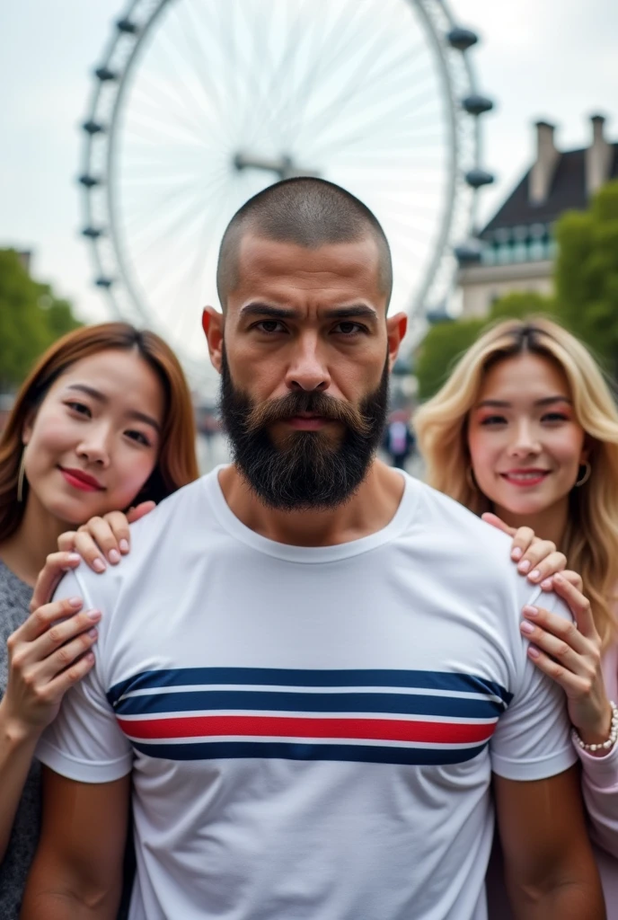 Photorealistic. Man with Chinese face mid-30s with buzzcut full Viking beard wearing white t-shirt with red blue horizontal stripe. Two beautiful blonde K-Pop fans looking to hold his hands behind him. London Eye in background.