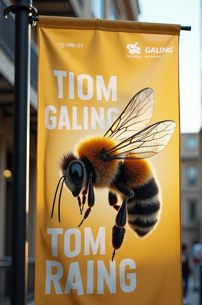 Realistic banner with team galing logo with a bee and a slogan on it