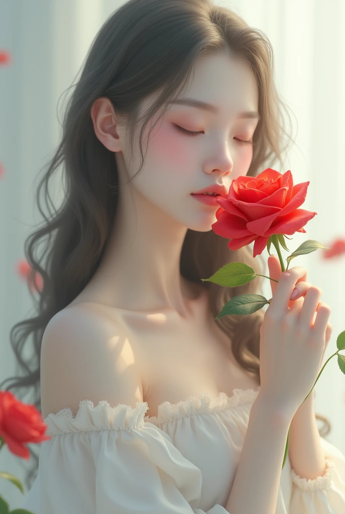 A white-skinned long-haired woman closes her eyes with a bright red rose.