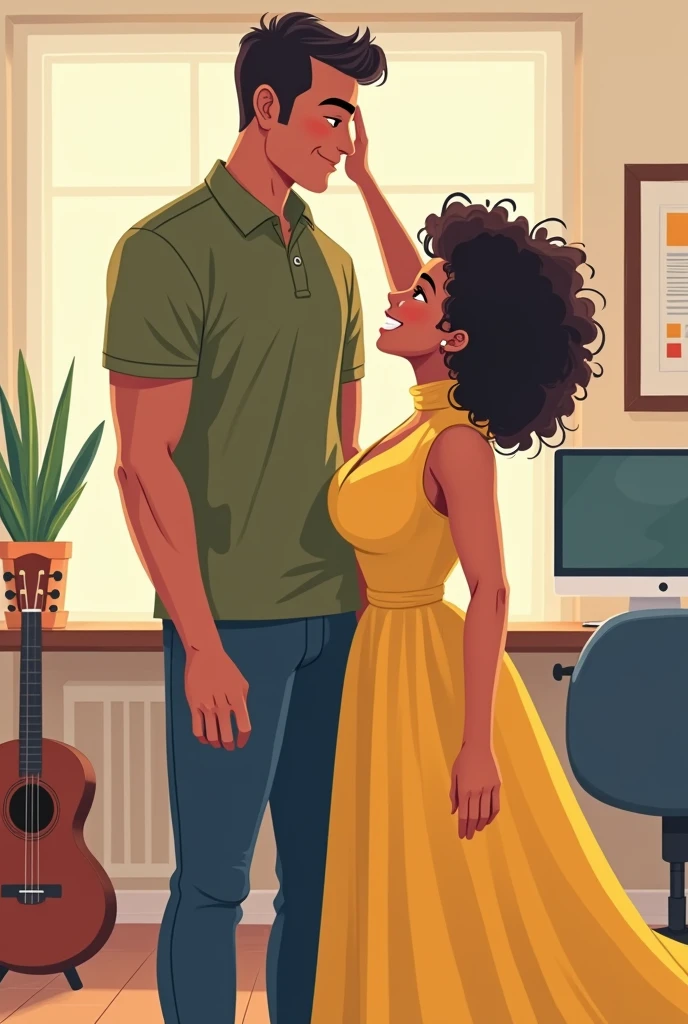 The boyfriend, 6 feet 2 inches tall, wearing an olive colored polo shirt. A girlfriend with a height of 5 feet wearing a yellow long gown with high collar with very curly hair. The girl is trying to put her hand on the boy's head but can't because the girl is fat and short. The boy is laughing and the girl is very irritated. they loves each other. background should be one ukulele, design studio and computer, tablet, illustrator photoshop