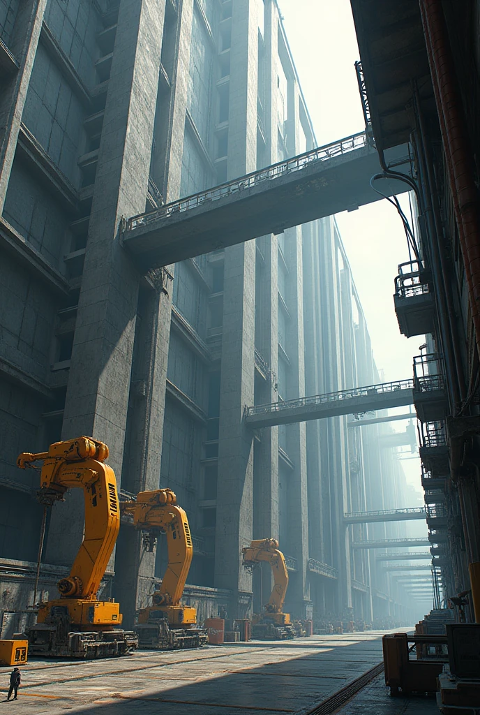 Make me a two dimension picture of a giant robot hangar wall With advanced machines without giant robots