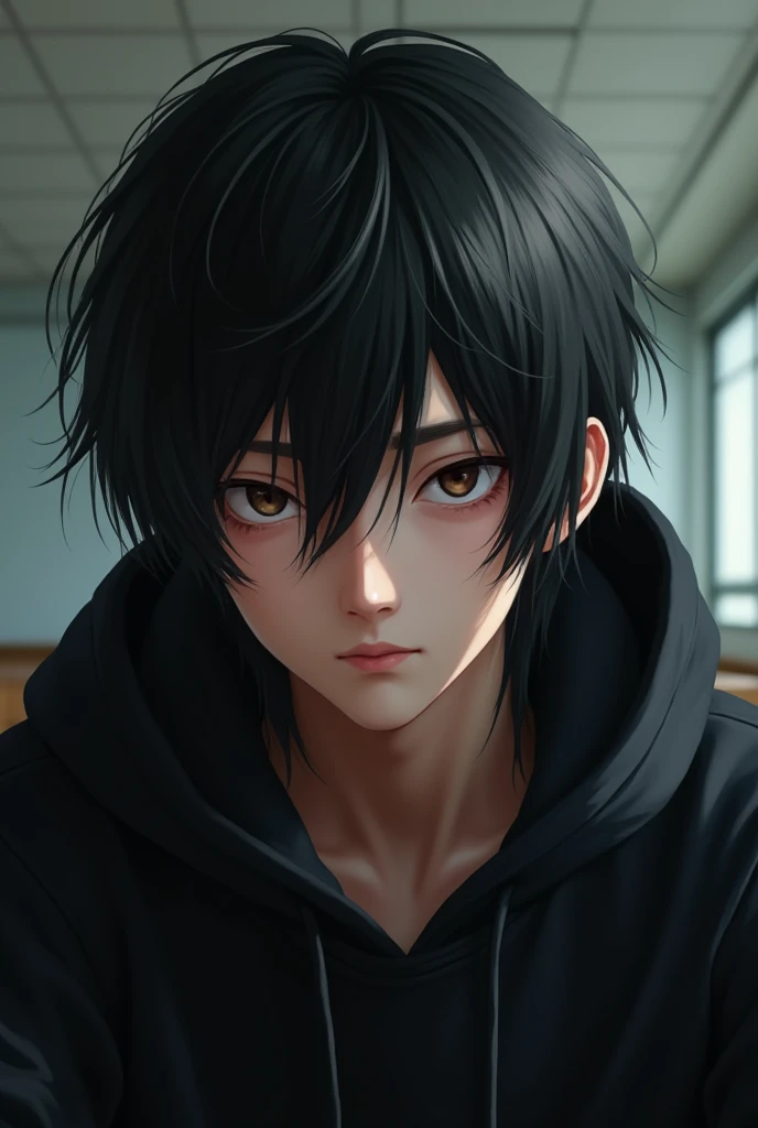 (photorealism:1.2), handsome asian guy, wearing a black hoodie, sitting at the back of the class, staring at viewer timidly, black fluffy long hair (his hairs almost covering his eyes), yandere vibe, realistic photo