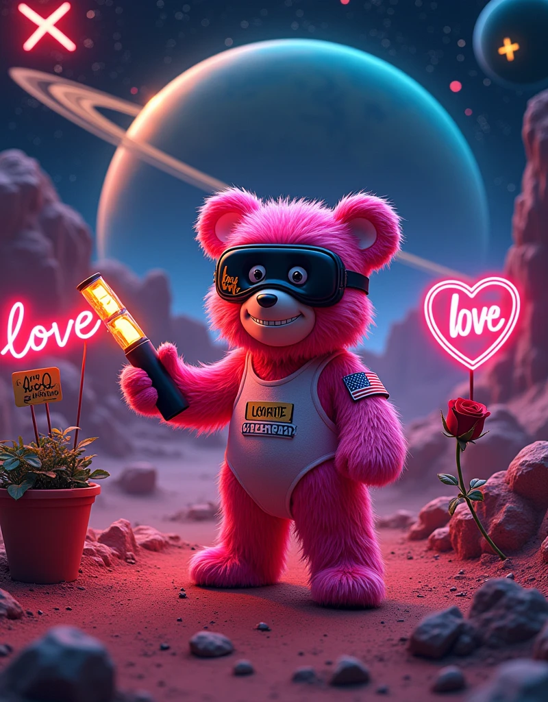 NFT Lo-Fi cool art in the style of beeple artist:: behind a space candy bear on the mars,on the left hand is american flag patch only one hand and another one hand holding a rose holding a ::  plant pot  :: photo included flash light symbolls on the wall and ::space skies and stars and giant saturn planet close up and falling star on the background :: of 1 toy full body with fashion grunge style toy bear, black mirror VR mask blue neon glow, pink fur, toy bear holding a thunfer flash light neon in the hand, hug ( neon glow my  LOVE neon glow word :: ) with two eyes in a style in mood and happy  smiling with teeth smile wearing a :: yellow:: red hair and a slash yellow glow on the bear, background with X and O game made of hearts, Glowing stars is flying in the air, neon glow heart inside of the heart is the word ::  REAL LOVE ::  word, 90's fashion font graffiti words:: hug LOVE::, hyper detailed 35 mm shot