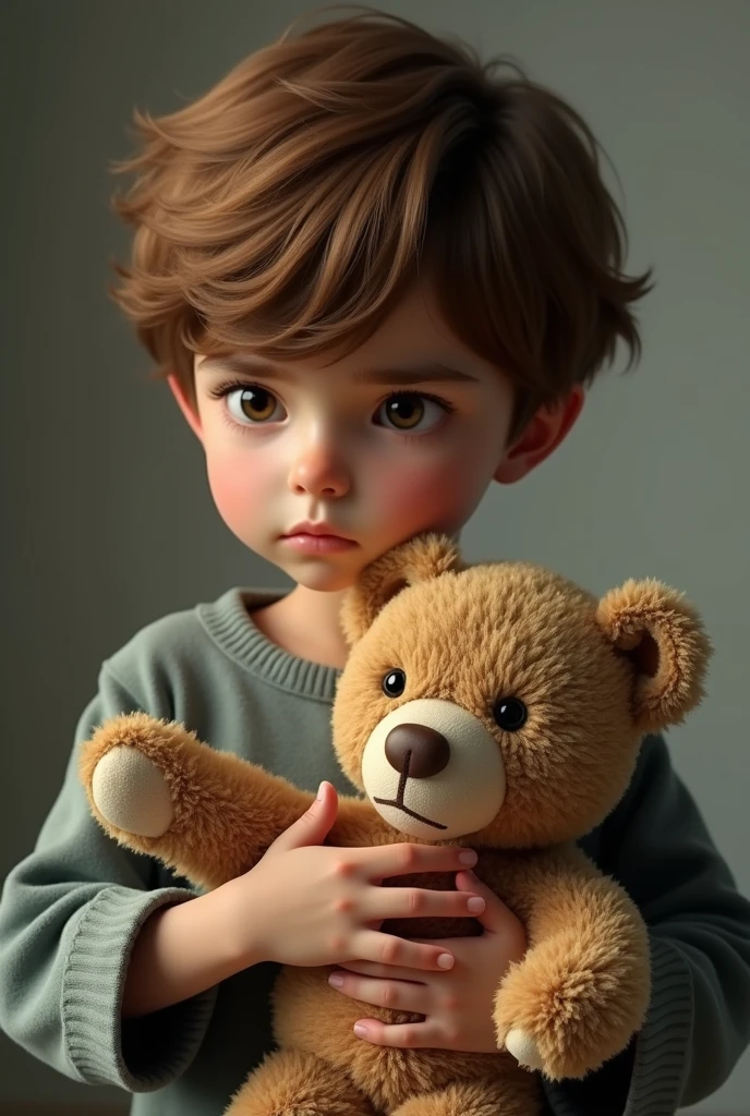 An  brown haired boy with a bear doll in his hand sad. Image 3d