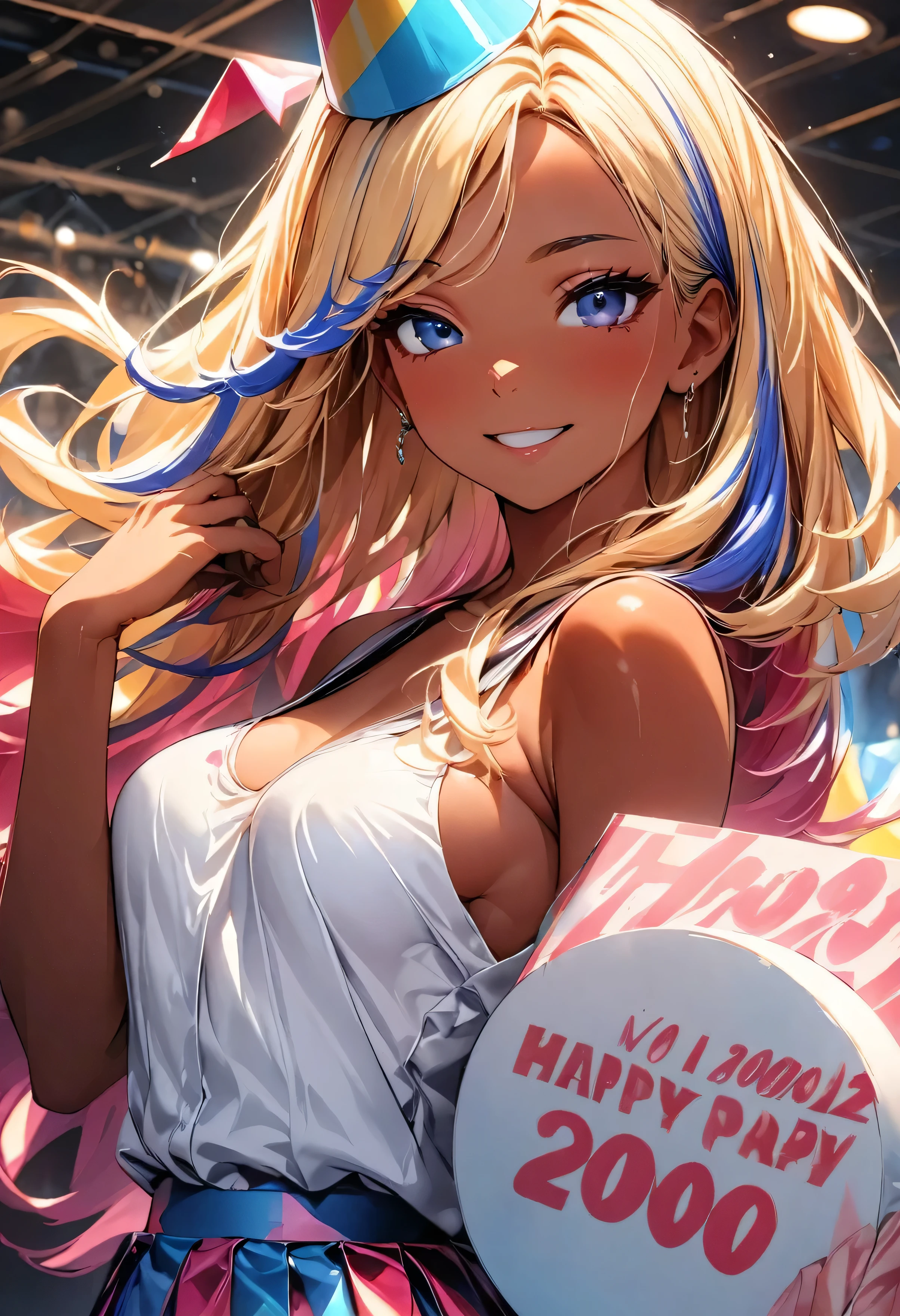 (highest quality:1.2, Very detailed, up to date, Vibrant, Ultra-high resolution, High Contrast, masterpiece:1.2, highest quality, Best aesthetics), Portraiture、girl、slim:1, Bright colors、Beautiful fine details、Beautiful lip detail、long hair, ((wavy hair:0.4))、messy hair, blonde and blue ((streaked hair:1.3)), highlights hair: 1.3, (medium breast:1), (tan skin:1.3), standing in party venue, holding big hand held sign (says "2000"\), colorful conical party hat, (happy:1)