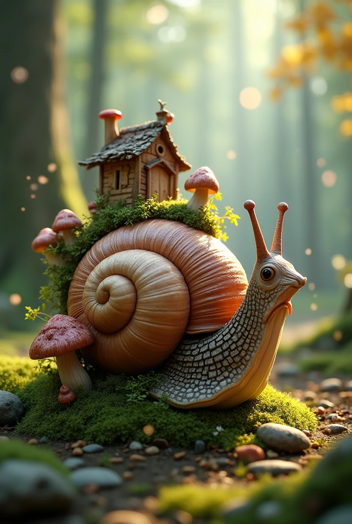 Photorealistic 4K photo of a whimsical snail in a magical forest. The snail is the central focus, with a beautifully detailed shell that features tiny, whimsical wooden houses and little mushrooms growing around them, blending natural and fantastical elements. The houses have cute, intricate woodwork with tiny doors and windows, nestled among the mushrooms. The snail’s body is realistic yet carries a hint of the surreal. The background is a lush forest floor with soft natural light and glowing particles floating in the air, enhancing the enchanted, supernatural atmosphere.
