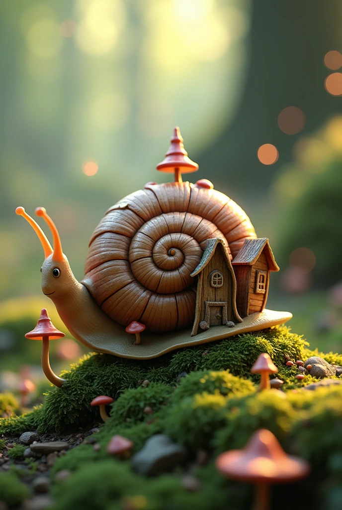 Photorealistic 4K photo of a whimsical snail in a magical forest. The snail is the central focus, with a beautifully detailed shell that features tiny, whimsical wooden houses and little mushrooms growing around them, blending natural and fantastical elements. The houses have cute, intricate woodwork with tiny doors and windows, nestled among the mushrooms. The snail’s body is realistic yet carries a hint of the surreal. The background is a lush forest floor with soft natural light and glowing particles floating in the air, enhancing the enchanted, supernatural atmosphere.
