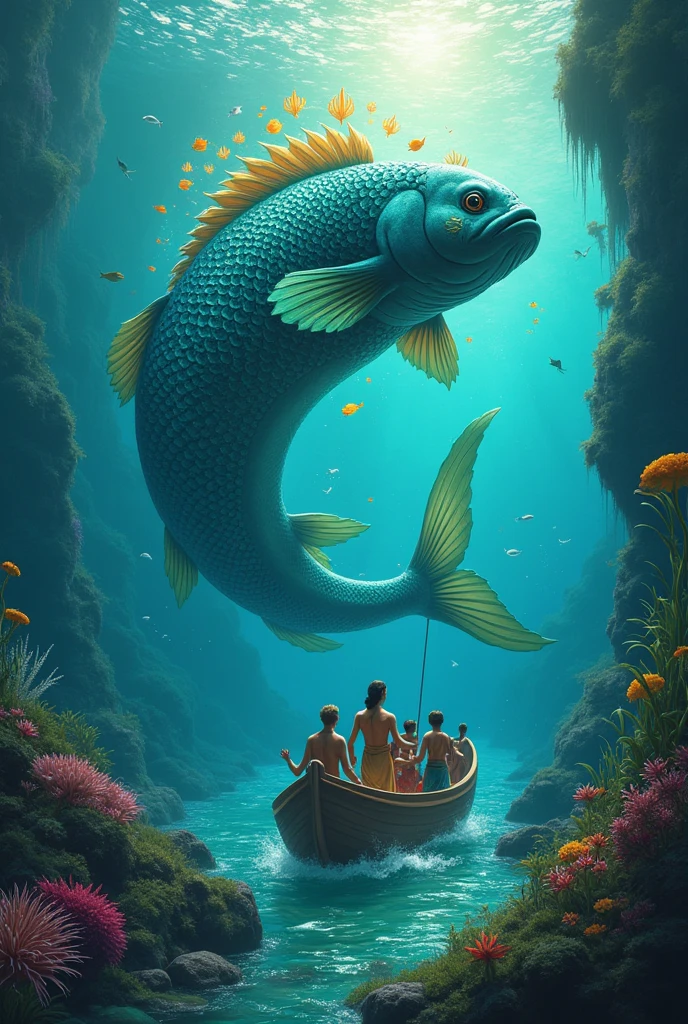 Certainly! Here’s a prompt for creating an image of Matsya:
"Create a vibrant and detailed image of Matsya, the fish avatar of Vishnu. Depict Matsya as a majestic and powerful fish, with shimmering scales in a spectrum of blues and greens. Include divine features such as a halo or aura around it to signify its celestial nature. The background should be a serene underwater scene with colorful marine life and aquatic plants. Matsya should be shown guiding a boat carrying important figures, symbolizing the preservation of life during a great flood. Use bright, contrasting colors and intricate details to highlight the divine essence of this avatar."