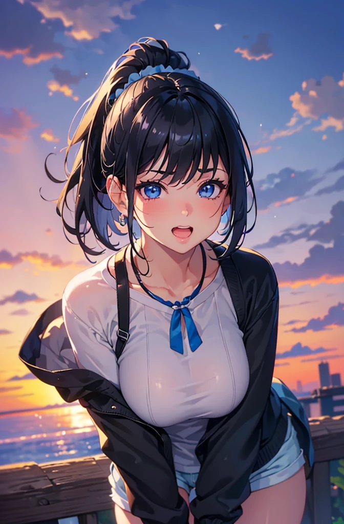 ((short hair, Highest quality, High resolution, Hmph, Pixel perfect, 4K, Hmph, Hmph))), One Girl, single, alone, Beauty、 (( bangs, Black Hair、ponytail、Scrunchie)), ((Big blue eyes, Beautiful eyelashes, Realistic eyes、Double)), ((Detailed smile, )), ((Smooth texture:0.75, Realistic texture:0.65, Realistic:1.1, Anime CG style)), Big Breasts, Perfect body, cardigan、White blouse、Shorts、Embarrassed face