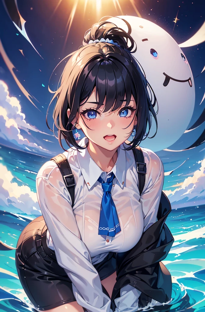 ((short hair, Highest quality, High resolution, Hmph, Pixel perfect, 4K, Hmph, Hmph))), One Girl, single, alone, Beauty、 (( bangs, Black Hair、ponytail、Scrunchie)), ((Big blue eyes, Beautiful eyelashes, Realistic eyes、Double)), ((Detailed smile, )), ((Smooth texture:0.75, Realistic texture:0.65, Realistic:1.1, Anime CG style)), Big Breasts, Perfect body, cardigan、White blouse、Shorts、Embarrassed face