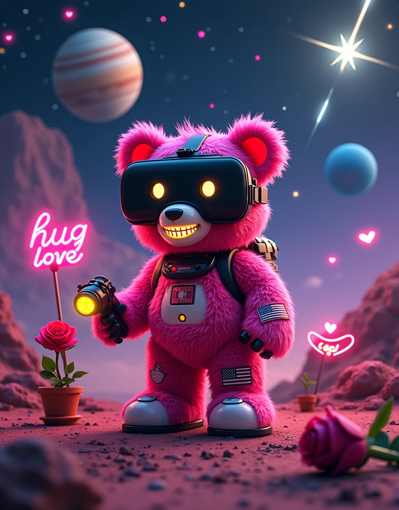 NFT Lo-Fi cool art in the style of beeple artist:: behind a space candy bear on the mars,on the left hand is american flag patch only one hand and another one hand holding a rose holding a ::  plant pot  :: photo included flash light symbolls on the wall and ::space skies and stars and giant saturn planet close up and falling star on the background :: of 1 toy full body with fashion grunge style toy bear, black mirror VR mask blue neon glow, pink fur, toy bear holding a thunfer flash light neon in the hand, hug ( neon glow my  LOVE neon glow word :: ) with two eyes in a style in mood and happy  smiling with teeth smile wearing a :: yellow:: red hair and a slash yellow glow on the bear, background with X and O game made of hearts, Glowing stars is flying in the air, neon glow heart inside of the heart is the word ::  REAL LOVE ::  word, 90's fashion font graffiti words:: hug LOVE::, hyper detailed 35 mm shot