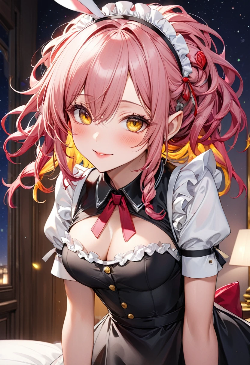 (ecstasy Beasts style), (pov), (solo:2, 1000 yo), (beautiful Dreadlocks:1.5) (glossy beautiful pink hair long hair) ((dark Sunburn:1.5 skin)) (beautiful cool beauty elf woman), (glossy lip, love smile), (((makeup red color eye shadow))) (best sexy yellow eyes), (small:1.2 tits), beautiful detailed maid uniform, bunny ear hair band, break, in the night, in the Gorgeous Bedroom, background beautiful night sky, BREAK, perfect anatomy, masterpiece, best quality, 16k, beautiful detailed Dim, daydreaming expression.