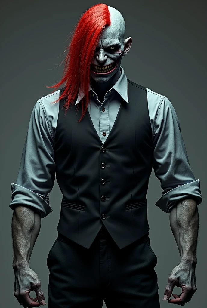 Your character has a distinctive and striking appearance. He has bluish or blue-gray skin., with facial features that resemble a supernatural being or a zombie appearance, including visible sharp teeth. Her hair is a vibrant red and falls over the left side of her face., partially covering one eye. He wears a black vest over a gray shirt with dark details., which gives it a formal look, but with a touch of mystery. Your hands and arms look robust and powerful, and he wears dark pants, completing a look that mixes formal with menacing.