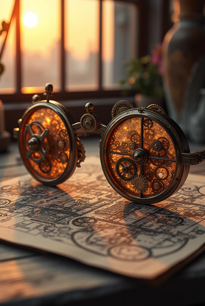 Steampunk glasses decorated with gears, laid on a table on a drawing from a steampunk machine, pri zapadu slunce