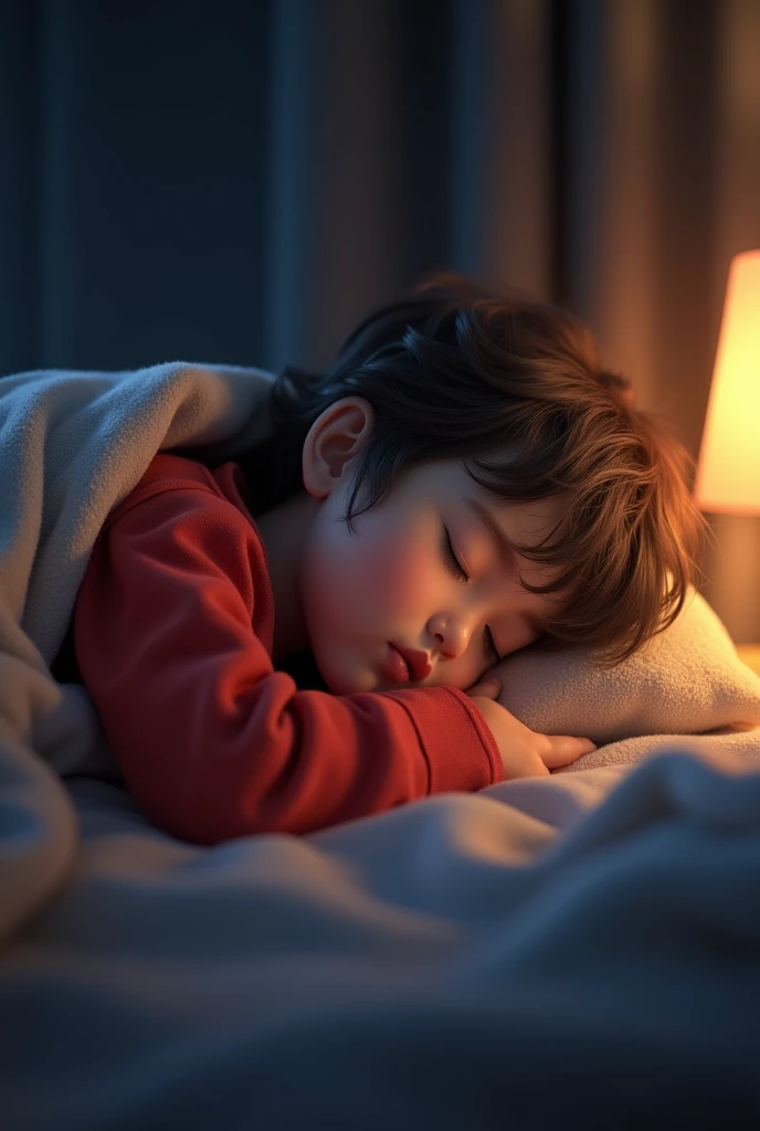 Ek child jisne red shirt pehni h or wo bed par blanket ood k so rha h seen night ka h bulb jal rha h
