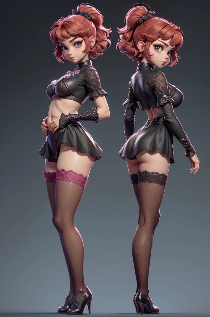 Mini girl, (girl), standing alone, ray tracing, 3D style, 3DMM, ((3 poses per photo)), ((3 poses in each photo)), fully body,(from front view),(Costas Issue), show flat belly, (((poses per photo))),(very big breasts), perfect and symmetrical eyes,((short hair)),lingerie sensual, skin fair,  White thigh-high tights with trim, Waist slender, big legs,  Show legs to the top of the waist, ultra realistic skin, realistic human eyes,ultra realistic skin,(pubis with a lot of volume),(extremely sensual),(very sensual),(red and black theme),I love the league,(lace pantyhose on one side),(lace pantyhose on one side),((bold ornaments)), carrying pink dagger,((backview)),((side view)),back view,((using dental floss)),duas poses per photo, front and side, front and side, full body,((model sheet)),((front view, side and back)),(symmetrically perfect),(A-POSE),((front view, side and back)),((a pose next to another pose in the same proportions)),same size and same height, A-POSE