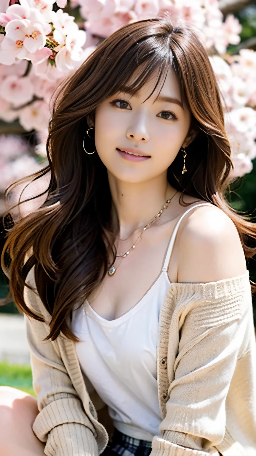 Flawless Anatomy,Image of a beautiful girl who came to see cherry blossoms in full bloom,nice earrings and necklace,front angle photo ,She wears a long-sleeved blouse, a cardigan, and a long plaid skirt.,Angle of view looking up from below under a cherry tree,realistic,Flawless,best image quality,professional angle of view,excellent details,ultra high resolution,realistic:1.4),high detail,focus on details,High concentration of 1girls,long hair of beautiful chestnut color,,Beautiful face with a delicate and high nose,Long limbs and slim waist like a model,White sneakers look great on your beautiful ankles,white skin is dazzling,